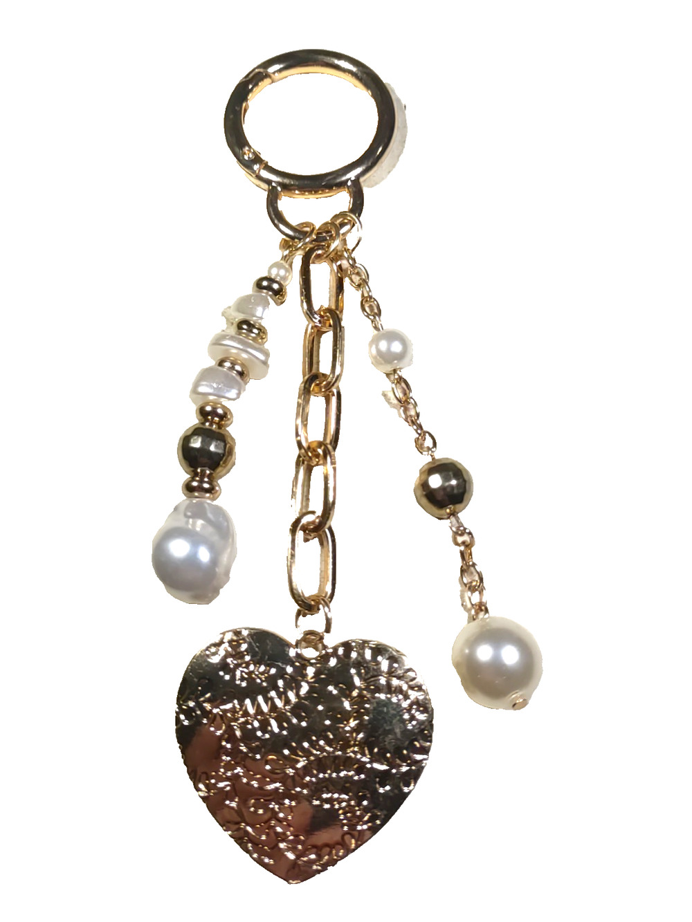 Gold tone Heart Faux Pearl Keychain 5" Long Elegant Bling